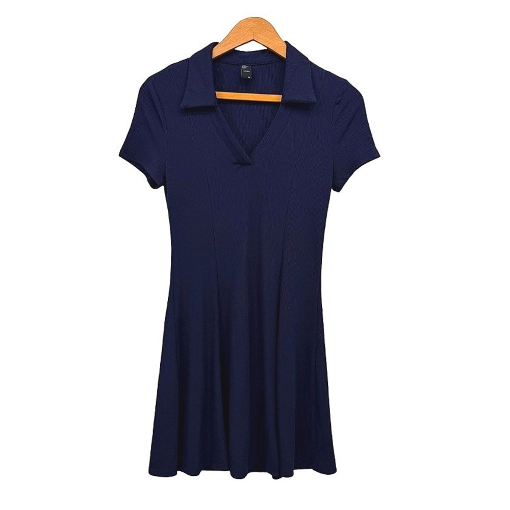 Cider Mini Dress Ribbed Knit Collared V-Neck Preppy Tennis Blue Size Medium